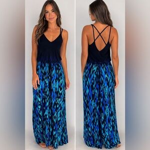 Black with Blue Patterned Maxi Dress Fitted Criss Cross Straps V Neck Size XS